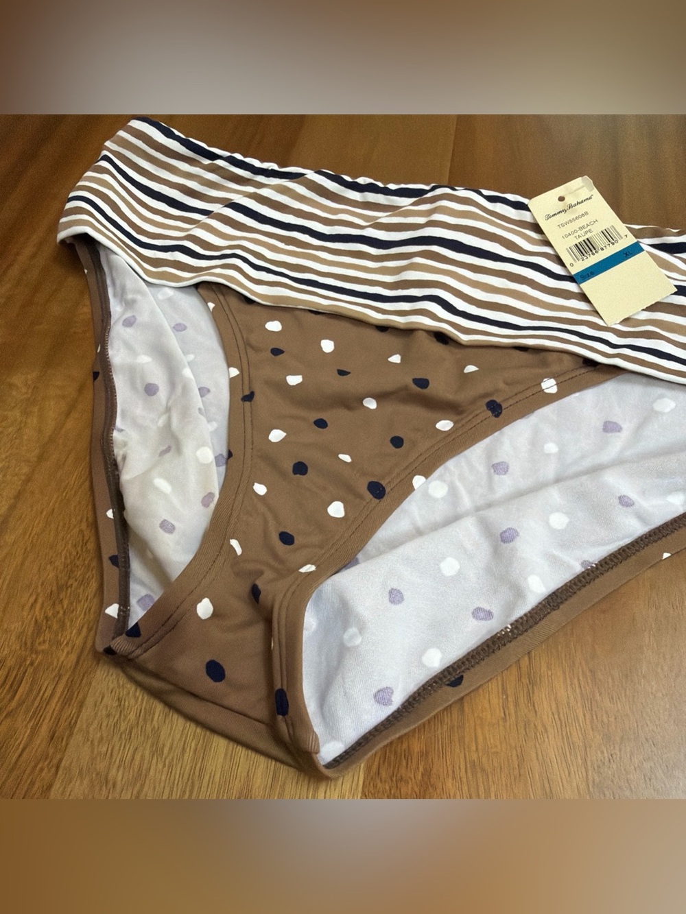 NWT Tommy Bahama Fold Over Waist Swimsuit Bottom XL Taupe & Black Stripes/Dots
